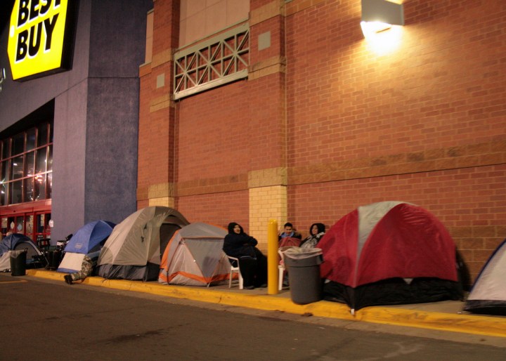 Happy Thanksgiving! Shoppers spend the evening of Thanksgiving prepping for Black Friday sales at Best Buy. Photo from David Haines on Flickr.